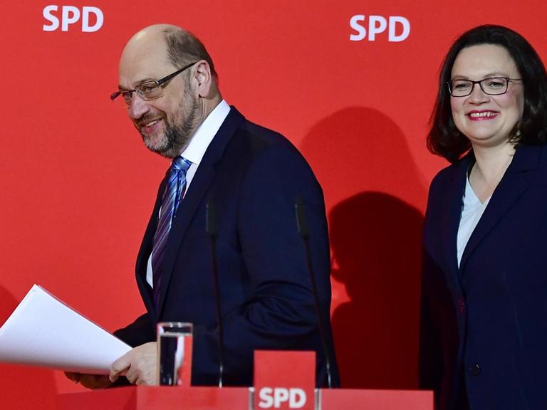 Martin Schulz und Andrea Nahles bei einer Pressekonferenz im Willy-Brandt-Haus, 7.2. 2018.