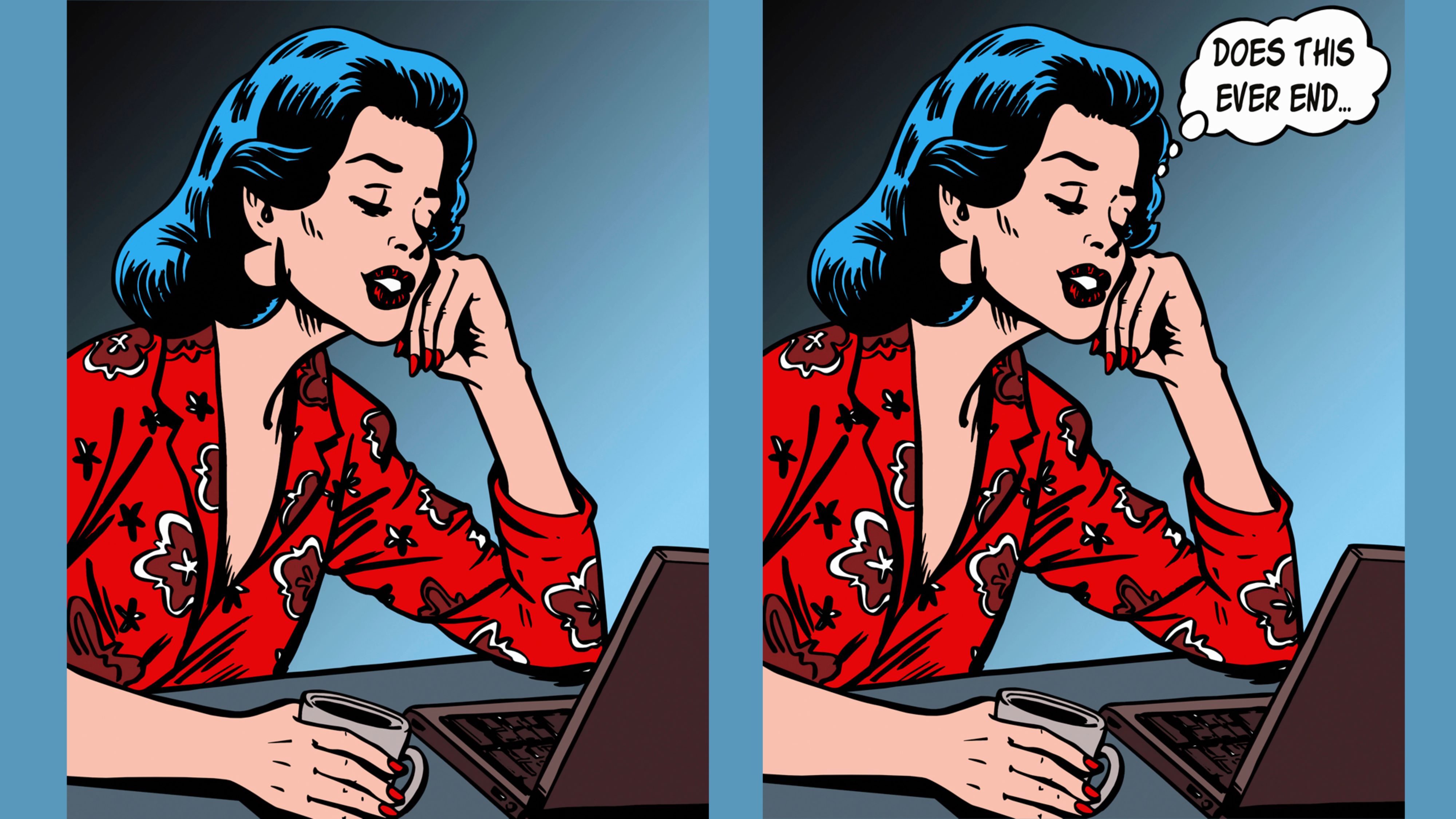 Illustration im Pop-Art-Stil einer gelangweilten gestylten Frau am Laptop mit Kaffeetasse.