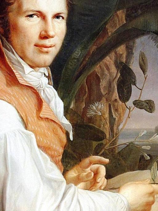 Gemälde von Alexander von Humboldt. Er sitzt in einer Landschaft, schaut zum Betrachter und in einem geöffneten Buch liegt eine Blume vor ihm.