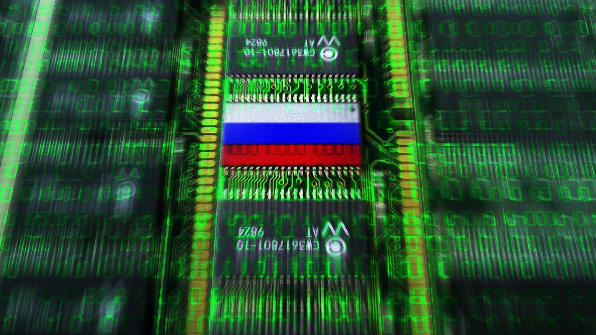 Eine Bildmomntage:Auf Computerplatinen ist eine Russland-Fahne abgebildet.