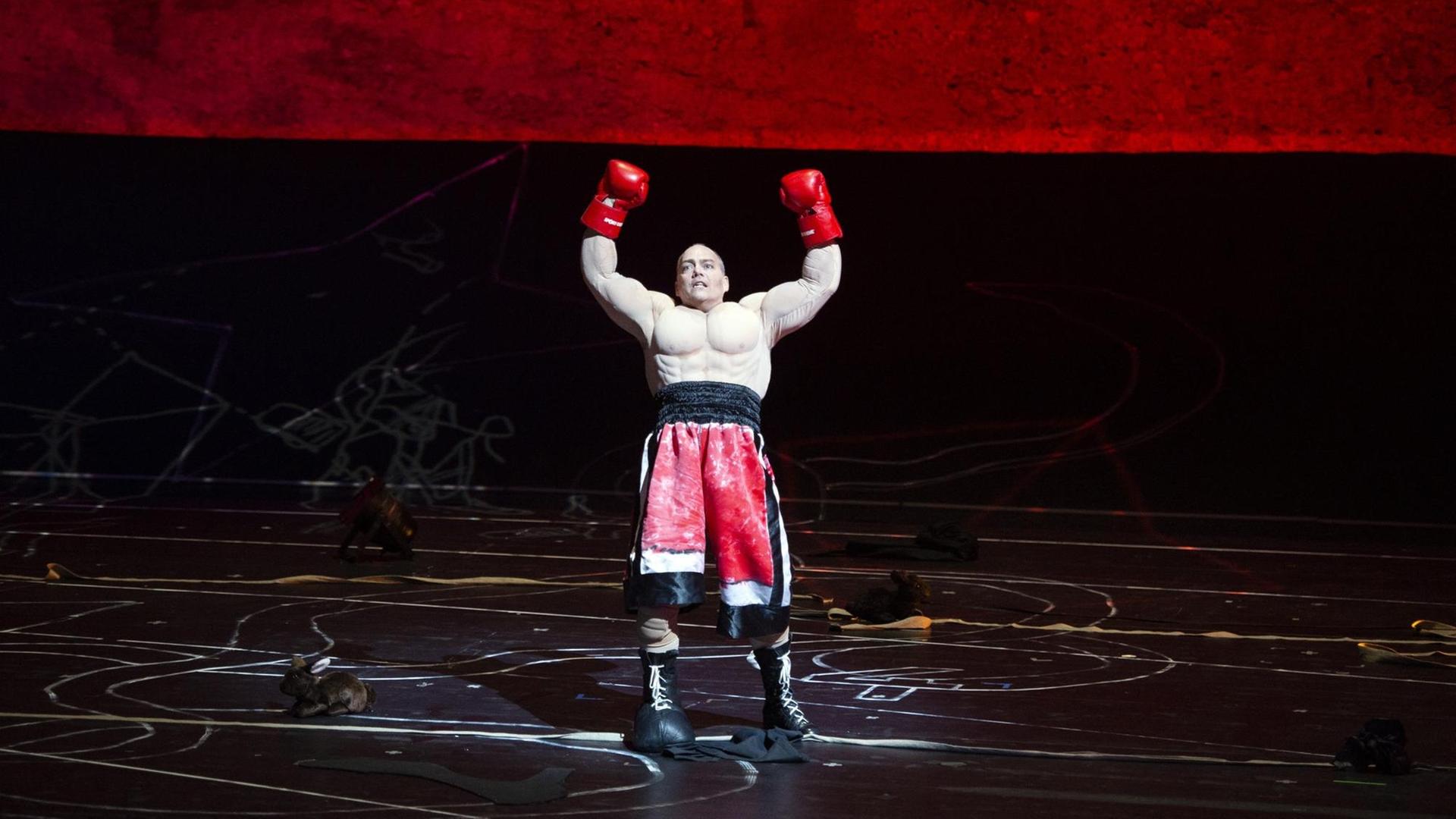 Zu sehen ist ein Boxer in Siegerpose auf der Bühne.