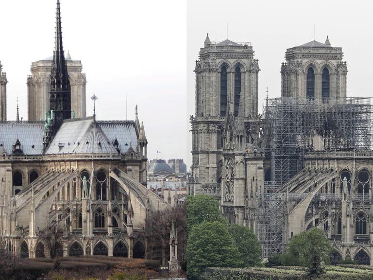 Blick auf das Baugerüst von Notre Dame - vor und nach dem Brand