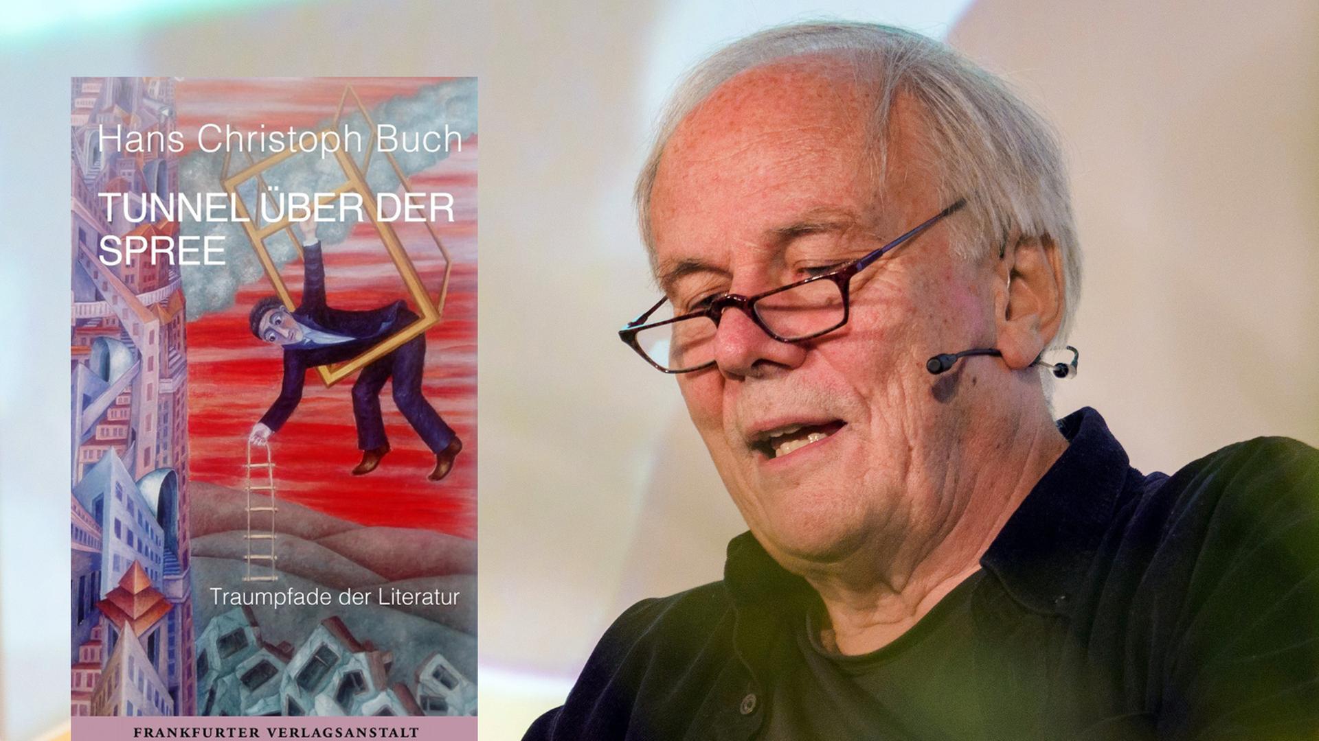 Cover "Tunnel über der Spree" von Hans Christoph Buch. Daneben ist der Autor bei einer Lesung zu sehen.