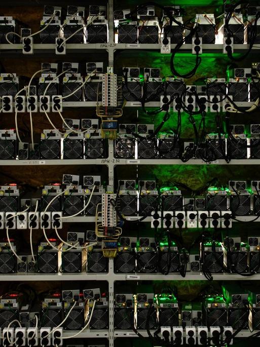 Ein mit Computern und Steckdosen vollgepacktes Regal ("Rack") in einer Bitcoin-Mining-Farm in Russland