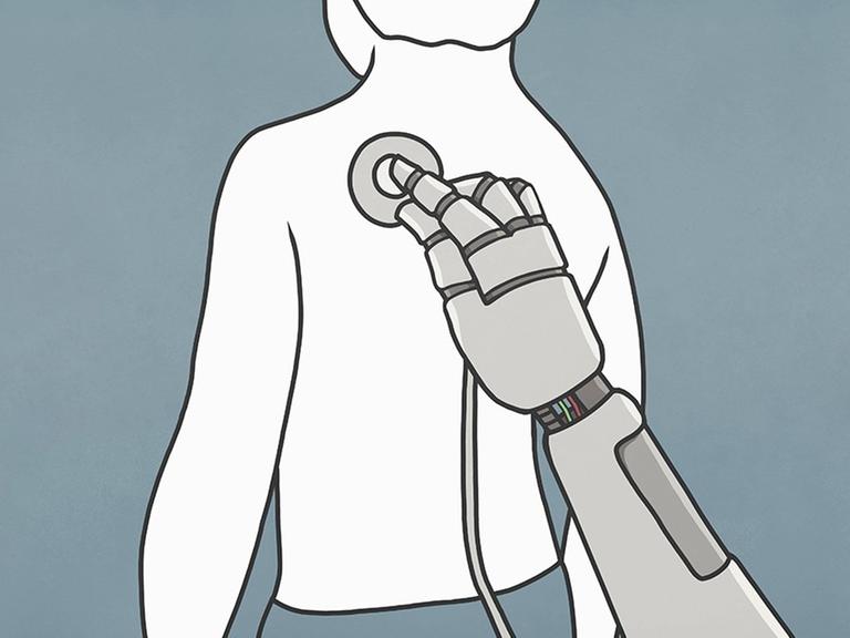 Illustration: Roboterarm untersucht mit einem Stethoskop den Rücken eines Mannes.