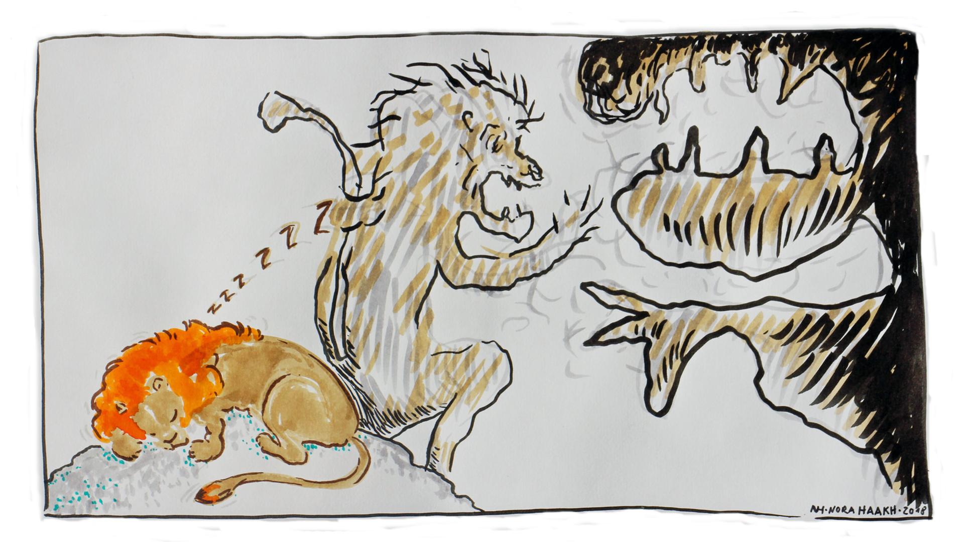 Zeichung von Nora Haakh für die Serie "Philosophisches Bestiarium"/Sein und Streit - Löwe