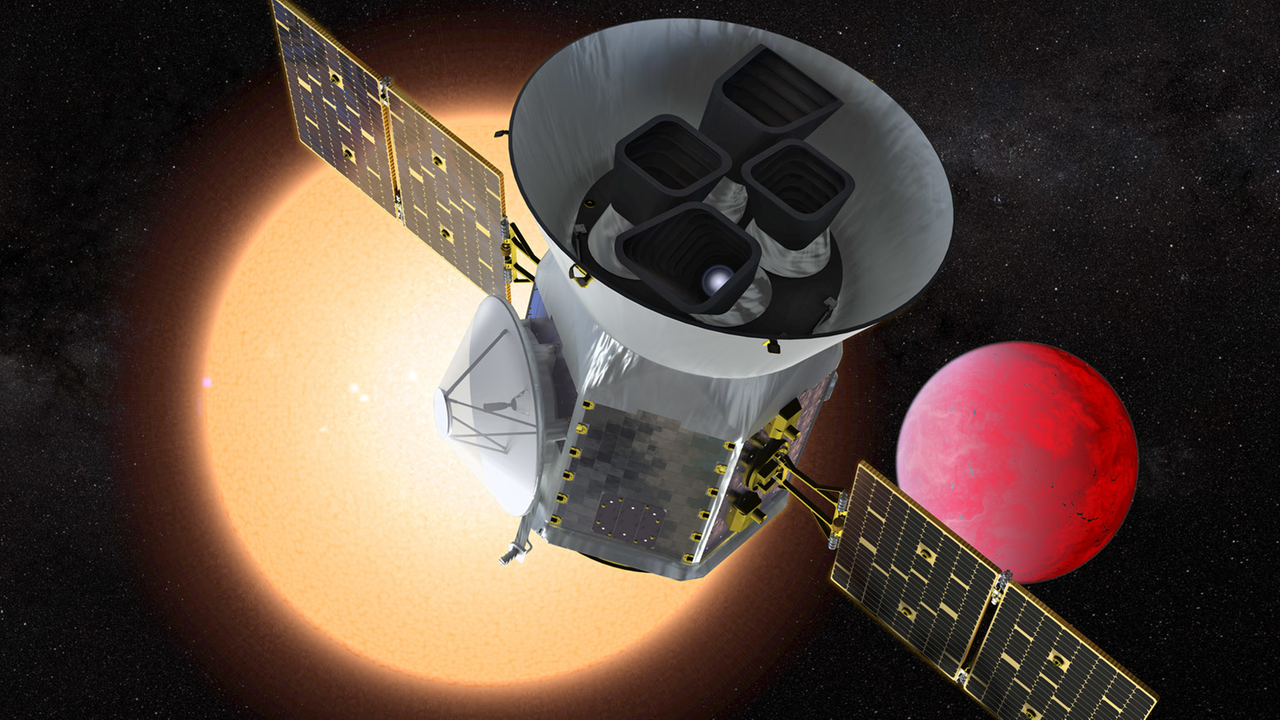 Illustration des Weltraumteleskopes "Tess" vor einem Lavaplaneten, der seinen Wirtsstern umkreist.