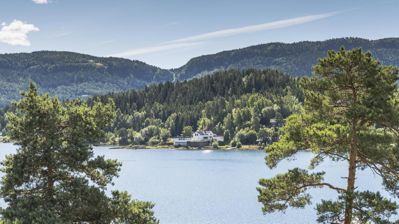 Durch Bäume lässt sich im Wasser die Insel Utøya  sehen.