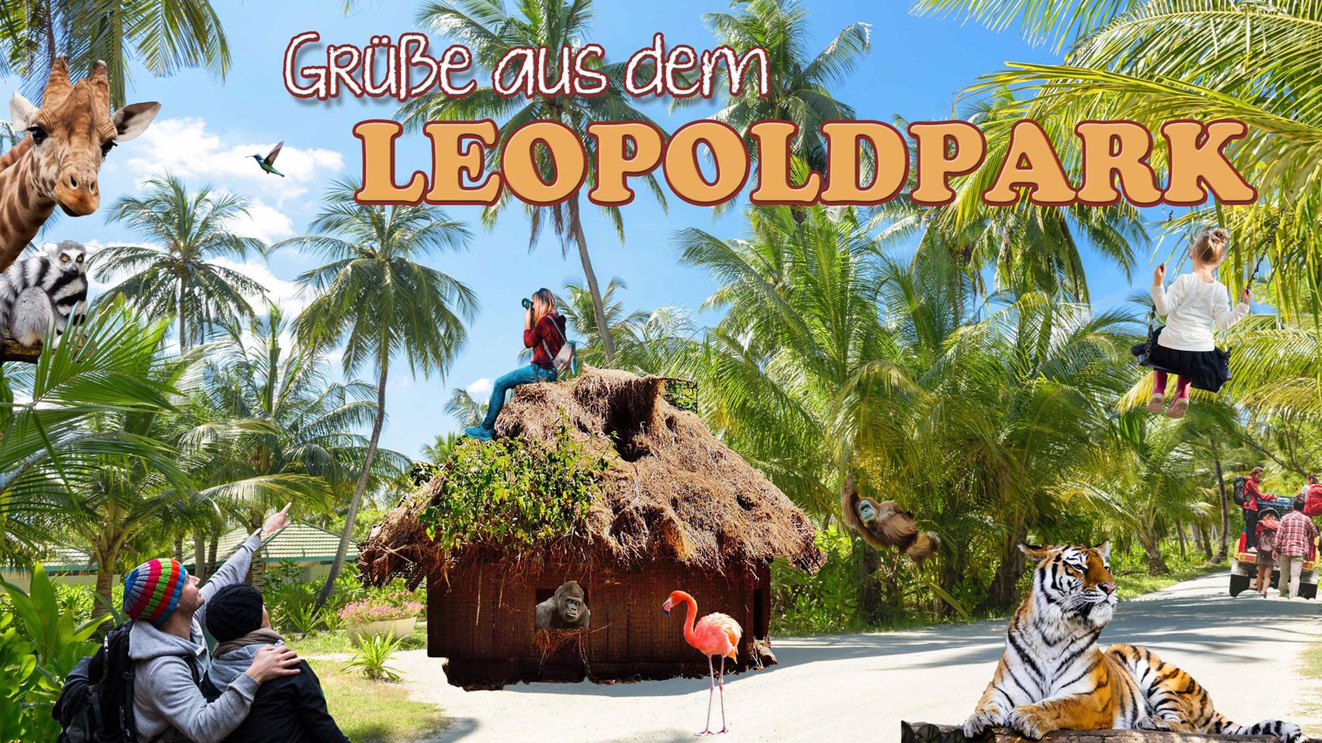 Ein Plakat mit der Aufschrift "Grüße aus dem Leopoldpark" zeigt Tiere aus Afrika mit Menschen, die durch den Park schlendern