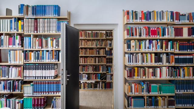 Regale mit vielen Büchern darin stehen ein einem hellen Raum.