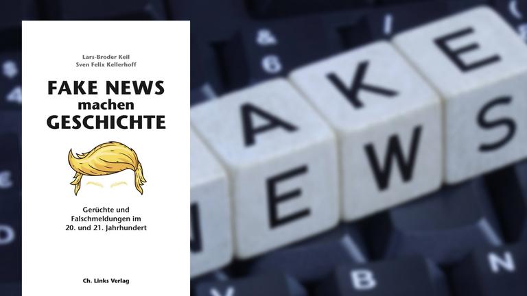 Würfel bilden den Schriftzug "Fake News" auf einer Computer-Tastatur (im Hintergrund). Das Buchcover (im Vordergrund)