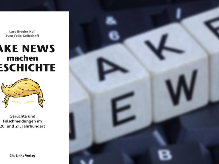 Würfel bilden den Schriftzug "Fake News" auf einer Computer-Tastatur (im Hintergrund). Das Buchcover (im Vordergrund)