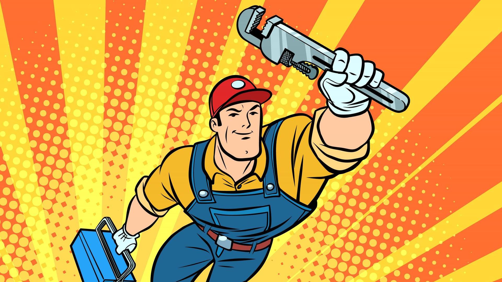 Ein Comic von einem Handwerker, der wie Superman fliegt, in nach oben gereckten linken Hand hält er ein Werkzeug, in der rechten einen Werkzeugkoffer