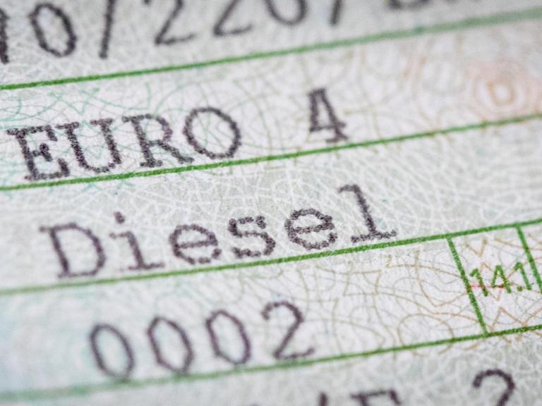 Ein Hinweis auf die "Euro 4"-Norm und "Diesel" ist in einem Fahrzeugschein zu sehen.