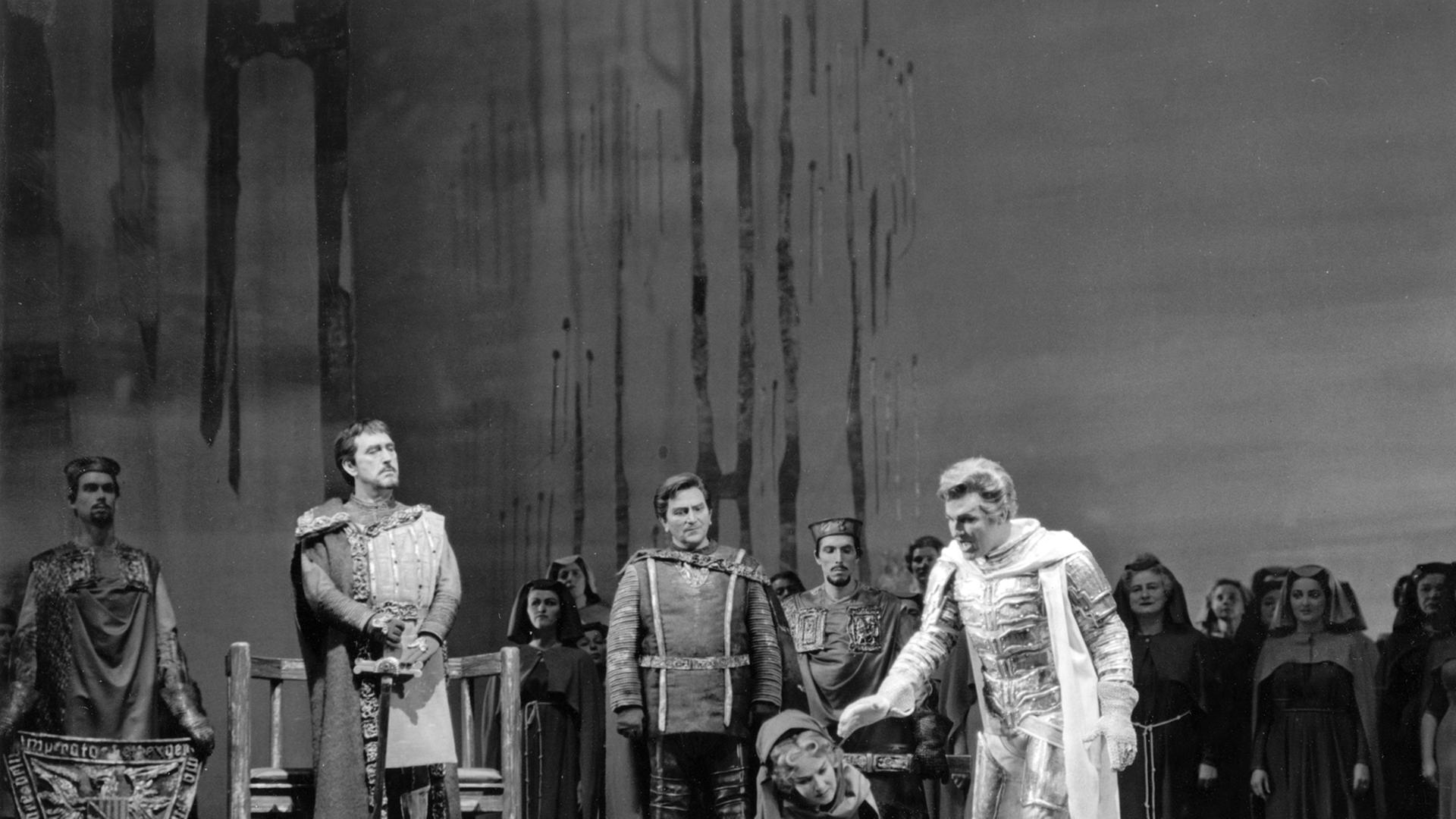 Szene aus dem ersten Akt der romatischen Oper "Lohengrin" von Richard Wagner mit den deutschen Bass Gottlob Frick als König, dem Bariton Josef Metternich als Heerufer, der norwegischen Sopranistin Ingrid Bjoner als Elsa von Brabant und dem amerikanischen 