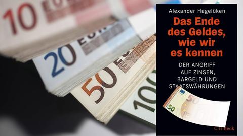 Hintergrundbild: Bündel von 10-, 20-, 50-, 100- und 200-Euro-Banknoten. Vordergrund: Buchcover