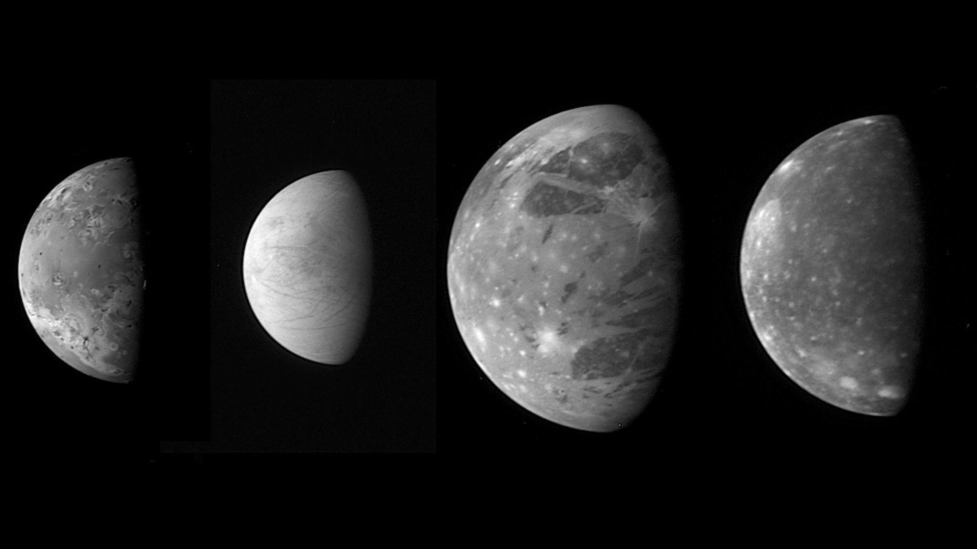 Die vier größten Jupitermonde: Io, Europa, Ganymede und Callisto, die sogenannten Gallileischen Monde