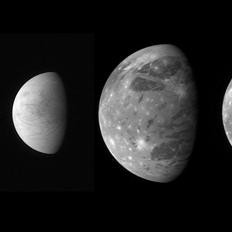 Die vier größten Jupitermonde: Io, Europa, Ganymede und Callisto, die sogenannten Gallileischen Monde