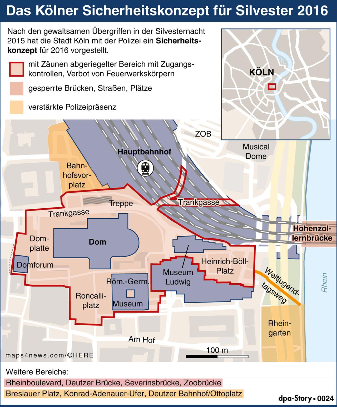 Karte von Köln mit der Gegend um den Hauptbahnhof und dem Kölner Dom mit den geplanten Sicherheitszonen zu Silvester 2016/17.