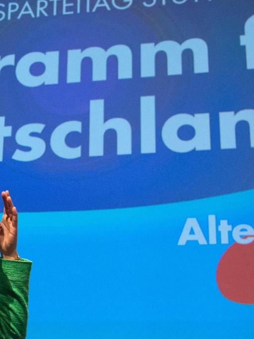 Die AfD-Parteivorsitzende Frauke Petry fasst sich am 30.04.2016 beim 5. AfD Bundesparteitag in Stuttgart an den Kopf.