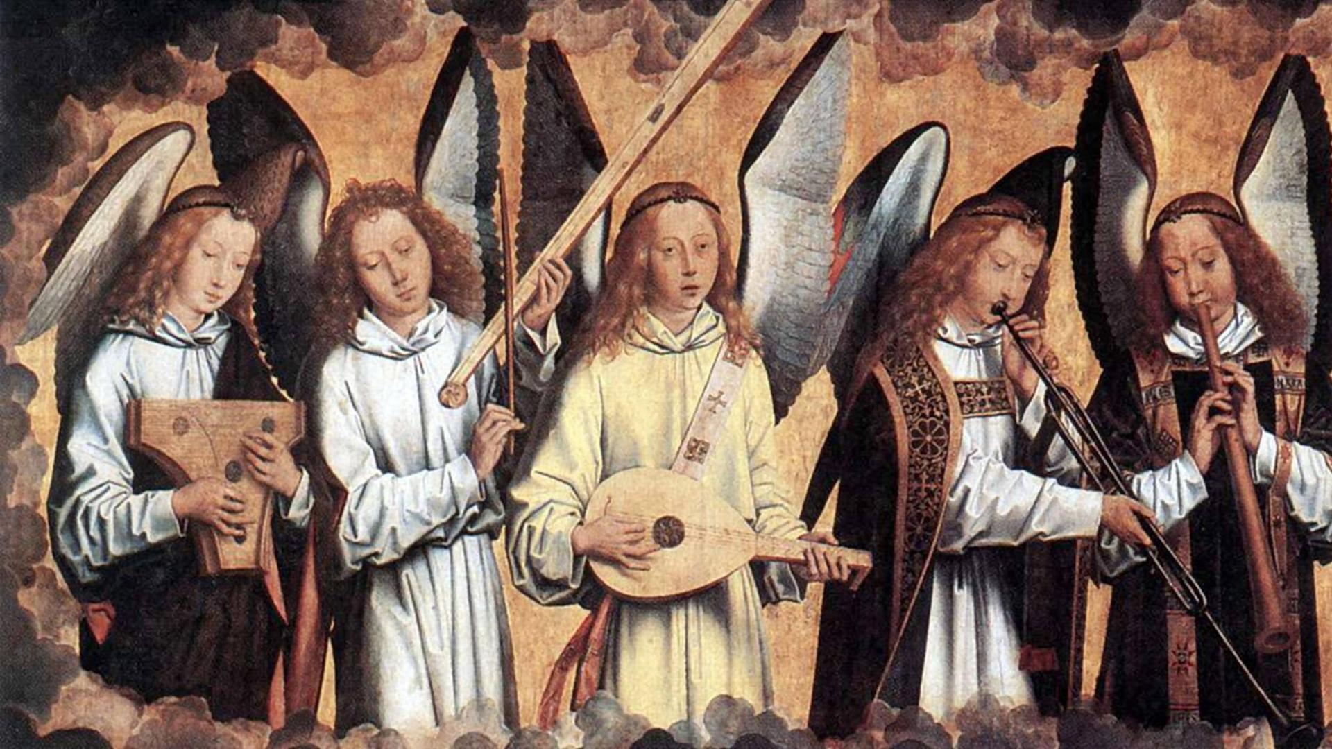 Eine Abbildung von einem Holzrelief mit musizierenden Engel im Stil der Ikonen Malerei.