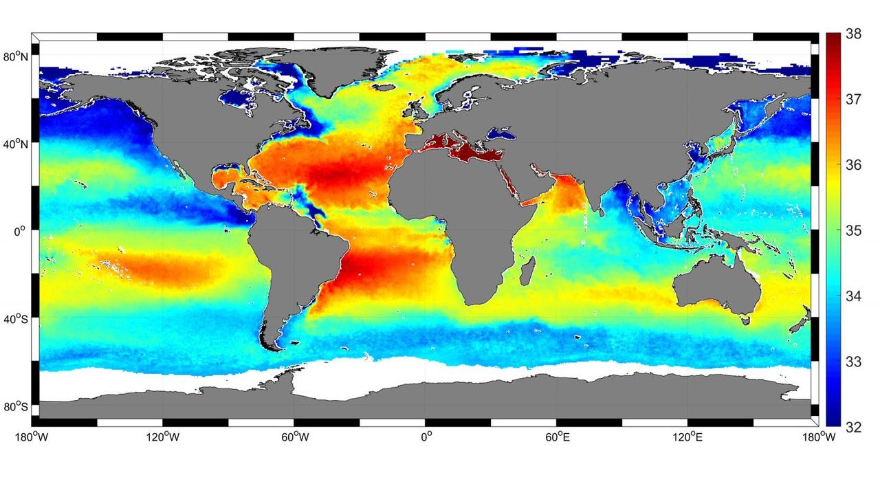 Satellitenbild mit Einfärbung des Salzgehalt des Oberflächenwassers der Ozeane (je röter, desto salziger)
