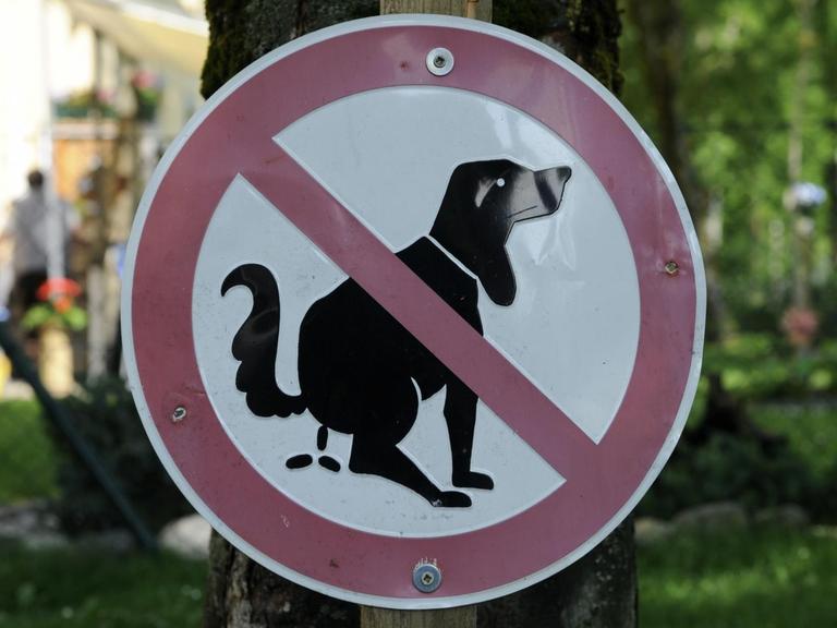 Ein Hinweisschild mit einem durchgestrichenen kotenden Hund.