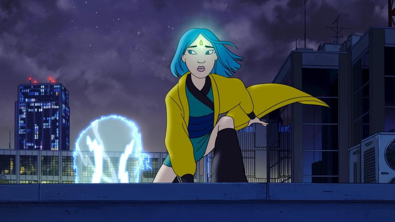 Zeichentrick-Bild einer Frau mit blauen Haaren und einer gelben Jacke. Sie blickt vom Dach eines Hochhauses in eine Metropole.