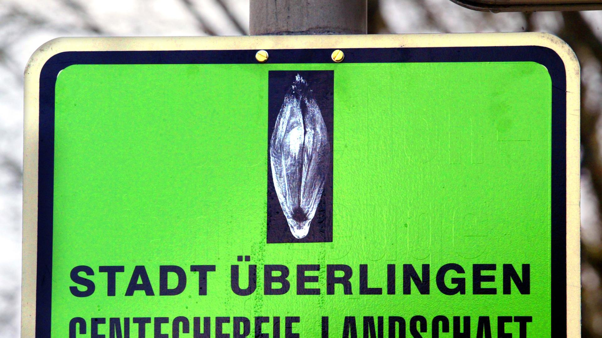 Die Stadt Überlingen am Bodensee macht ihre Ablehnung gentechnisch veränderter Pflanzen mit einem Schild an einem Ortseingang deutlich: "Stadt Überlingen - gentechfreie Landschaft" heißt es auf der grünen Informationstafel.