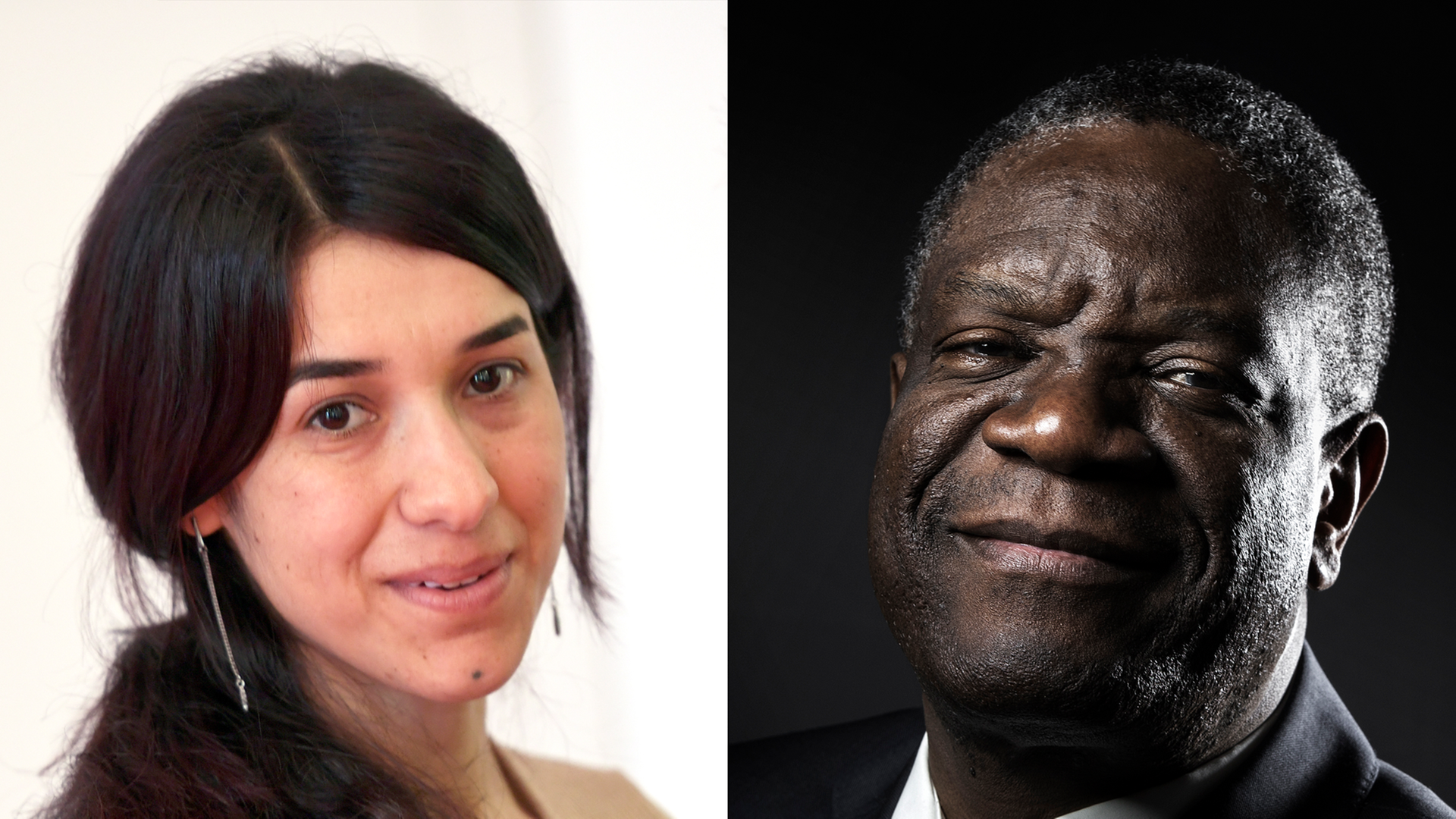Die Fotomontage zeigt Nadia Murad aus dem Land Irak und Denis Mukwege, einen Arzt aus dem Land Kongo. Die beiden bekommen den Nobel-Preis für Frieden.