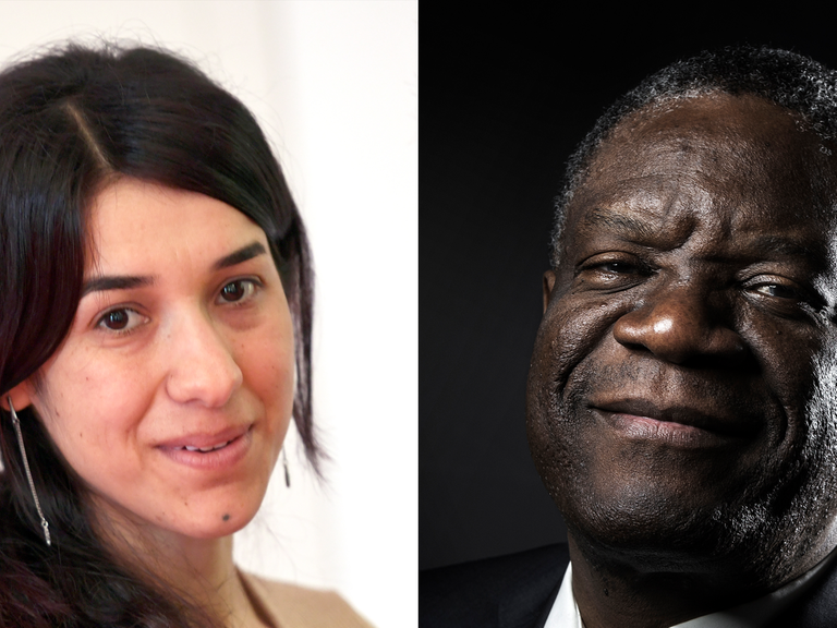 Die Fotomontage zeigt die beiden Friedensnobelpreisträger, die irakische Menschenrechtsaktivistin Nadia Murad und den kongolesischen Arzt Denis Mukwege.