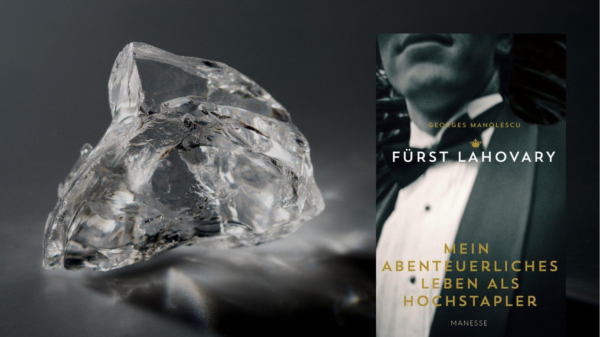Collage: Vordergrund- Buchcover "Mein abenteuerliches Leben als Hochstapler" // Hintergrund: Stockimage "Diamant"