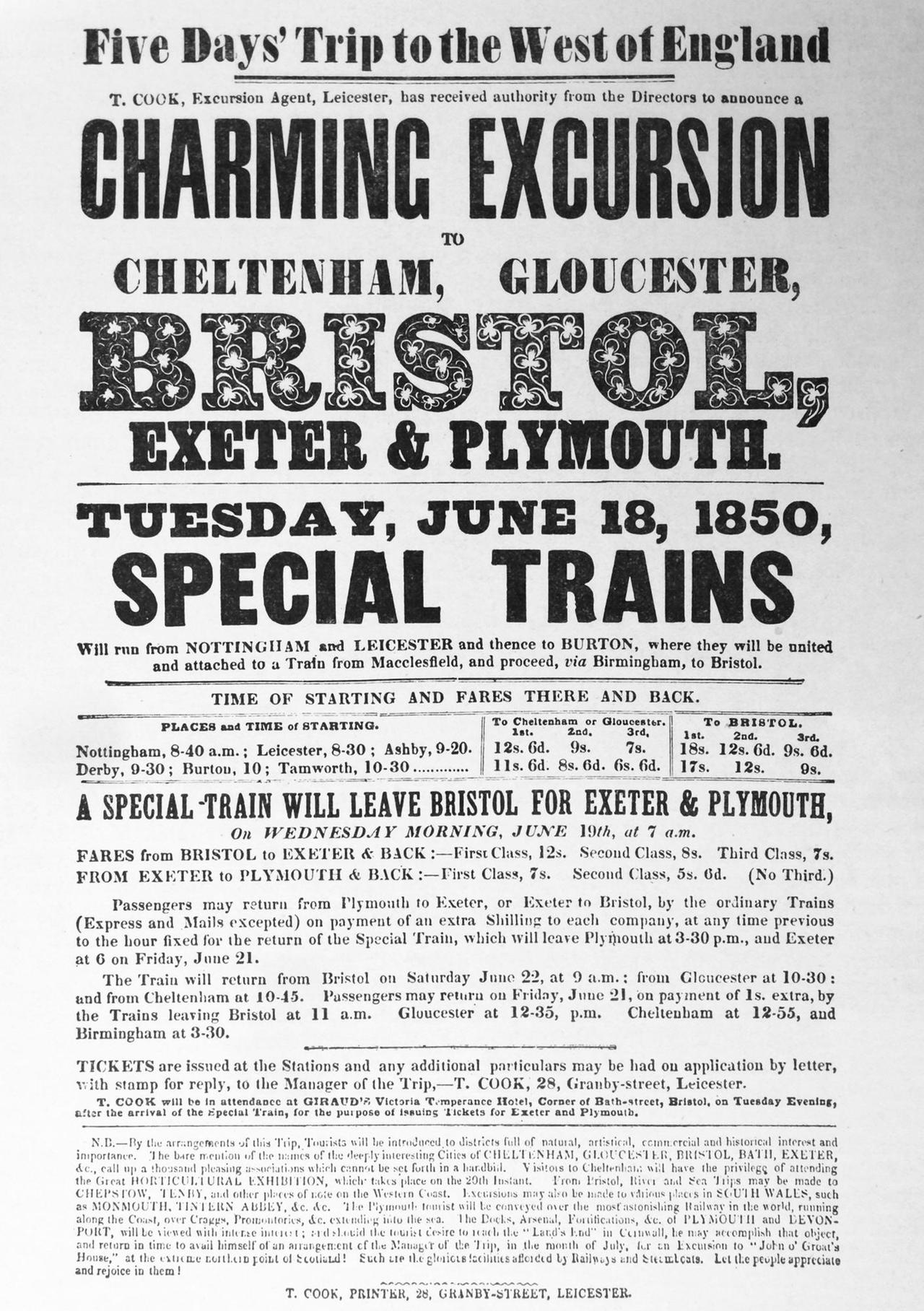 Plakat-Werbung von Thomas Cook: Ein toller Ausflug: 5-Tages-Trip nach West-England, Sonderzüge, 18. Juni 1850