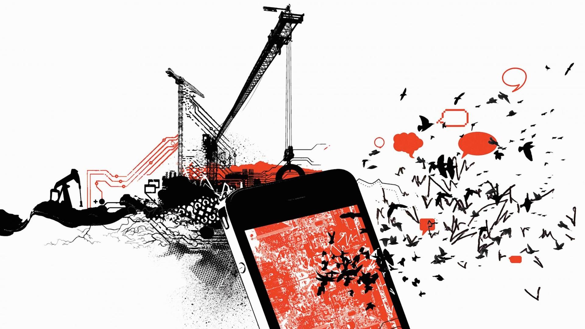 Illustration: ein Smartphone mit vielen Sprechblasen hängt an einem Kran.