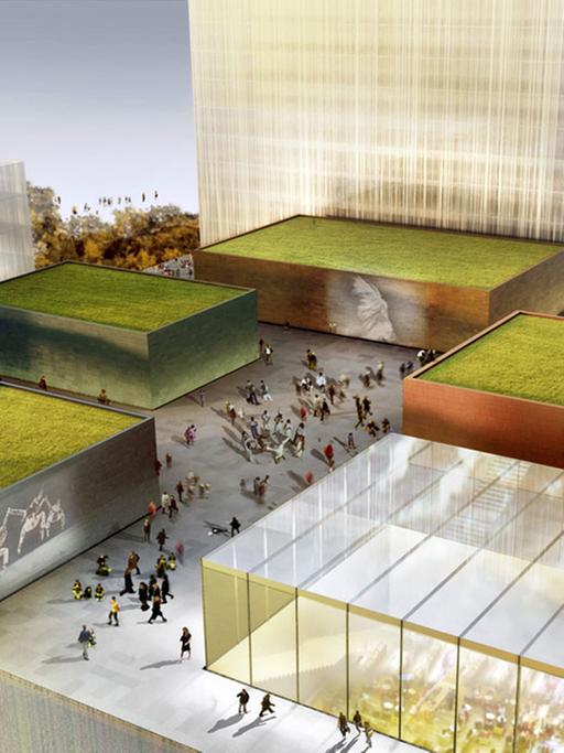 Entwurf einer Dachlandschaft der Konzeptstudie des britischen Architekten David Adjaye für den geplanten Frankfurter Kulturcampus von 2012. Der Entwurf zeigt mehrere rechteckige Gebäude in unterschiedlichen Größen, die teils komplett aus Glas sind oder statt Glas ein Grasdach haben