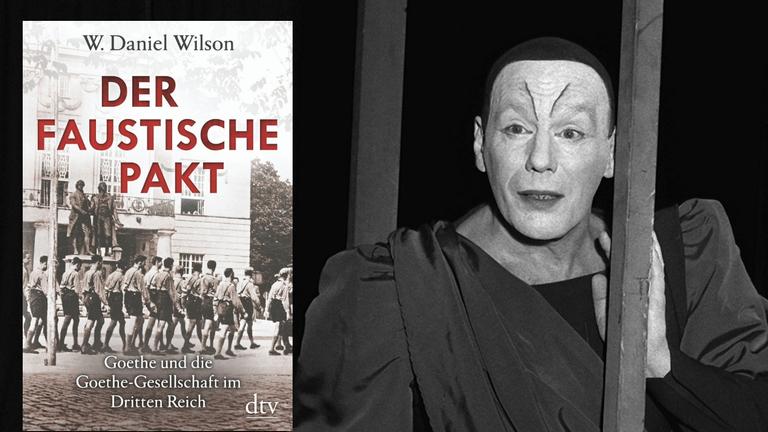 Cover-Collage. links: Buchcover "Der faustische Pakt", dtv Verlag. rechts im Hintergrund: Gustaf Gründgens als Mephisto in einer Hamburger Inszenierung im September 1959.