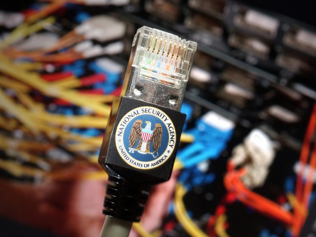 Symbolfoto Netzwerkkabel mit dem Logo der National Security Agency (NSA)