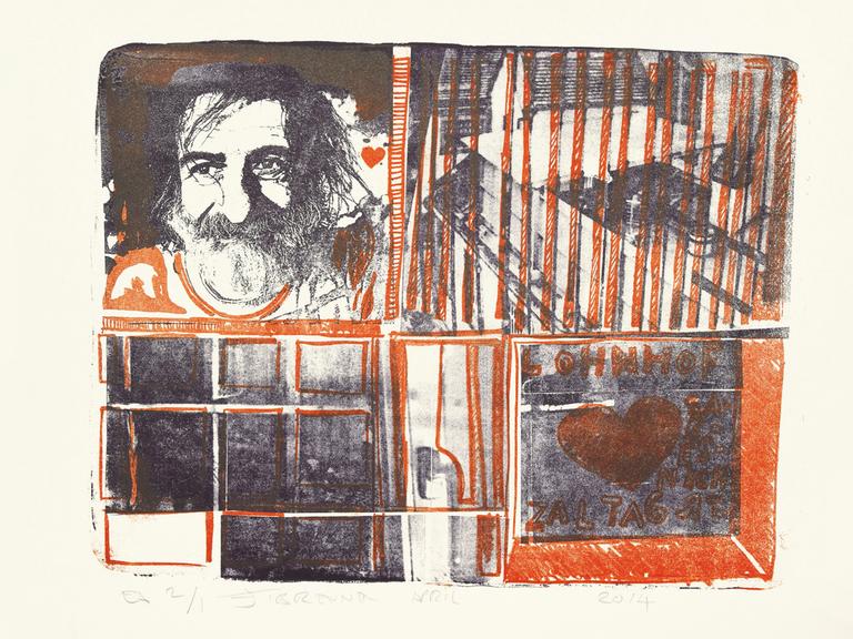 Eine Lithografie von Felix Brenner, mit der Darstellung von Gefängnisfenstern und einem Selbstporträt.