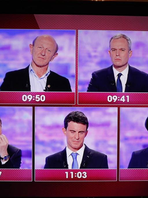 TV-Debatte der Sozialisten in Frankreich am 12.1.2016: Arnaud Montebourg / Jean Luc Bennahmias / Francois De Rugy / Vincent Peillon / Benoit Hamon / Manuel Valls / Sylvia Pinel.