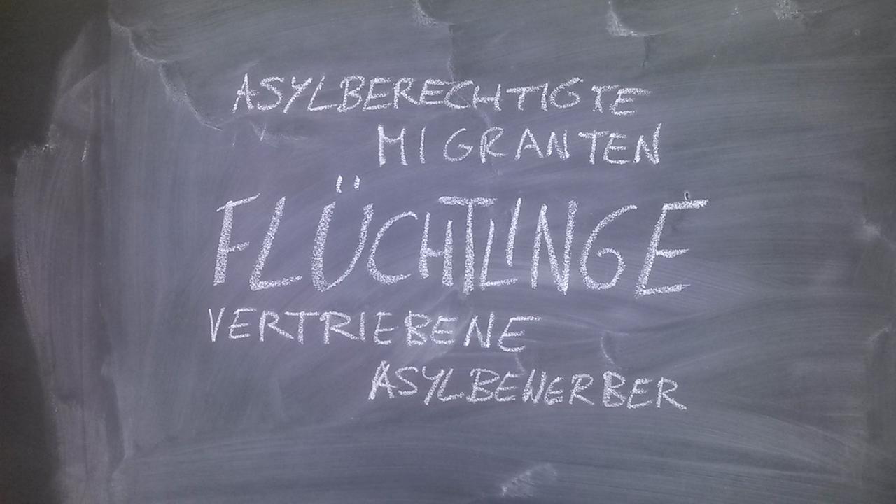 Die Begriffe Asylberechtigte, Migranten, Flüchtlinge, Vertriebene, Asylbewerber stehen auf einer Tafel.