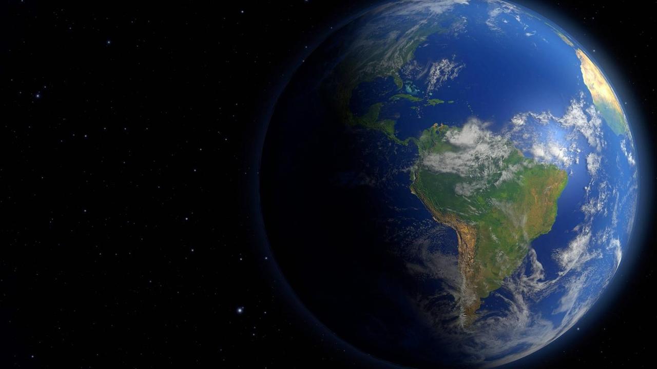 Blick auf die Erde aus dem Weltraum auf den südamerikanischen Subkontinent bei der Computergraphik.