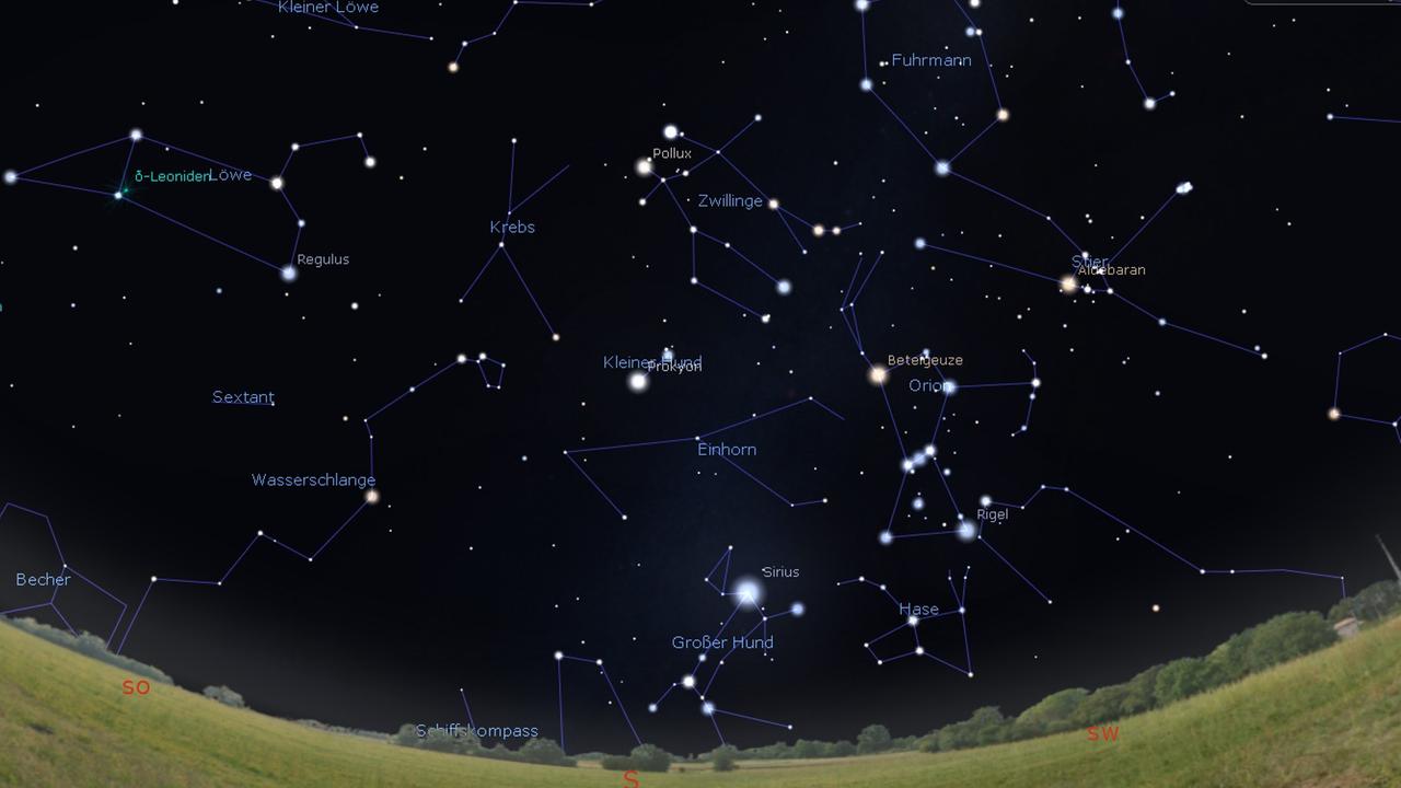 Eine Aufnahme des Südhimmels gegen 22 Uhr zeigt die Zwillinge und andere Sternbilder.