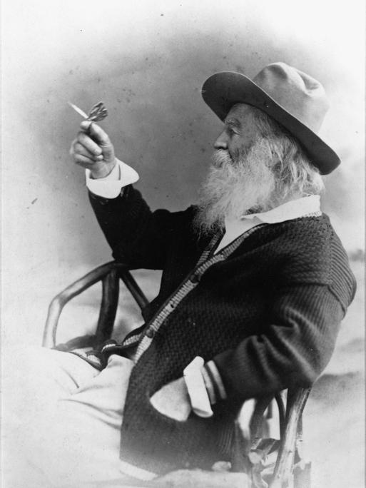 Profilporträt von Walt Whitman, der einen Schmetterling hält.