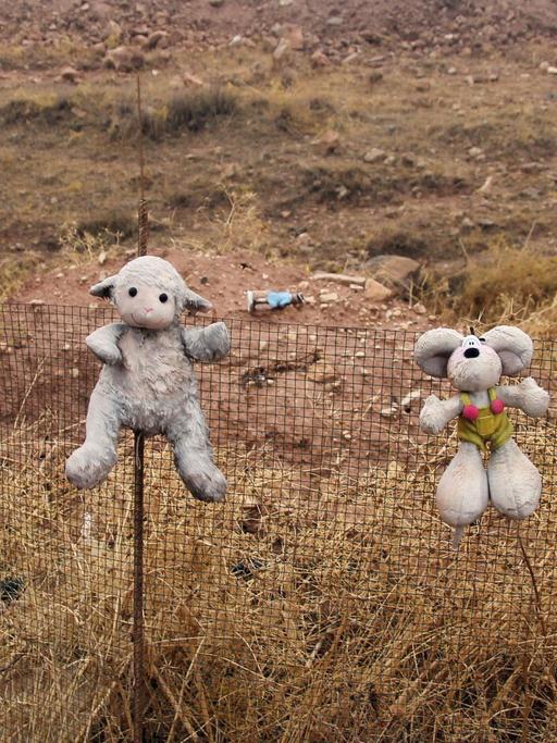 Zwei Kuscheltiere hängen an einem Zaun vor einem Massengrab nahe des Sindschar-Gebirges im Irak. Dort wurden Massengräber worden. Hier tötete die Terrormiliz IS massenhaft Jesiden.