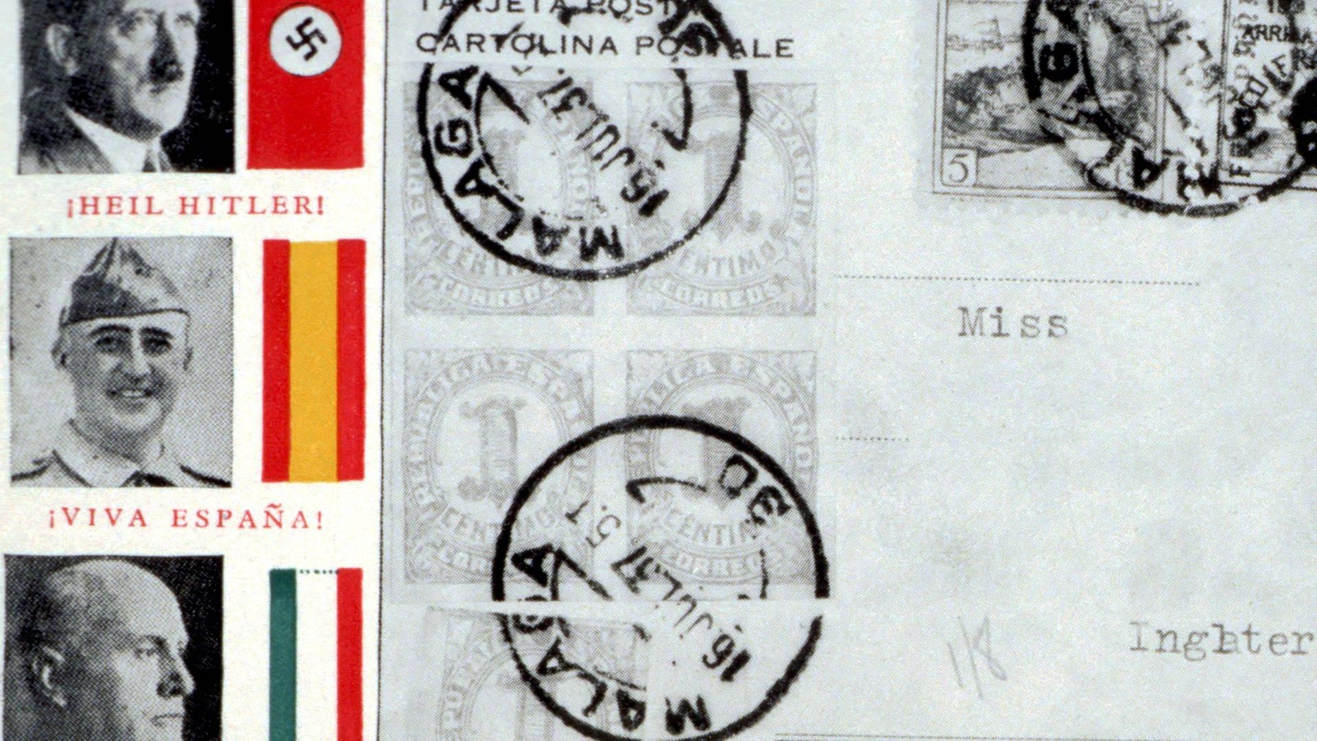 Die Porträts von Hitler, Mussolini und Franco auf einer Postkarte aus dem Jahr 1937
