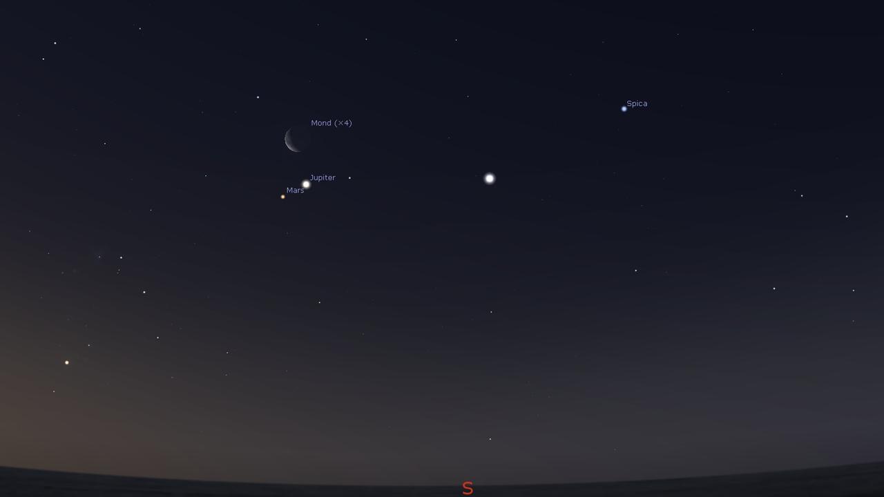 Mond, Jupiter, Mars, die Raumstation und Spica morgen früh gegen 07.18 h, gesehen von Frankfurt am Main