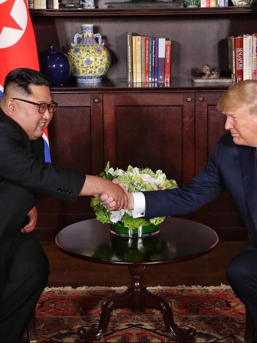 Kim (l.) und Trump sitzen nebeneinander an einem kleinen runden Tisch und reichen sich die Hand. Hinter ihm die Nationalflaggen.