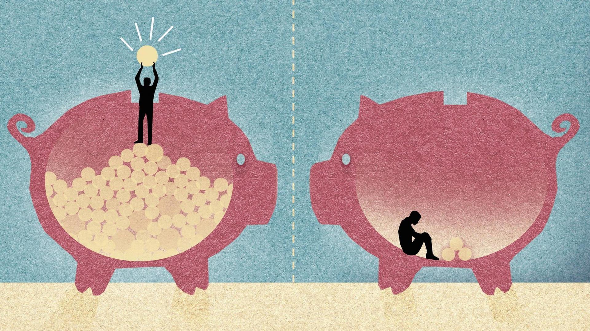 Illusration: Ein reicher und ein armer Mann sitzen in jeweils einem Sparschwein - mit und ohne Geld.