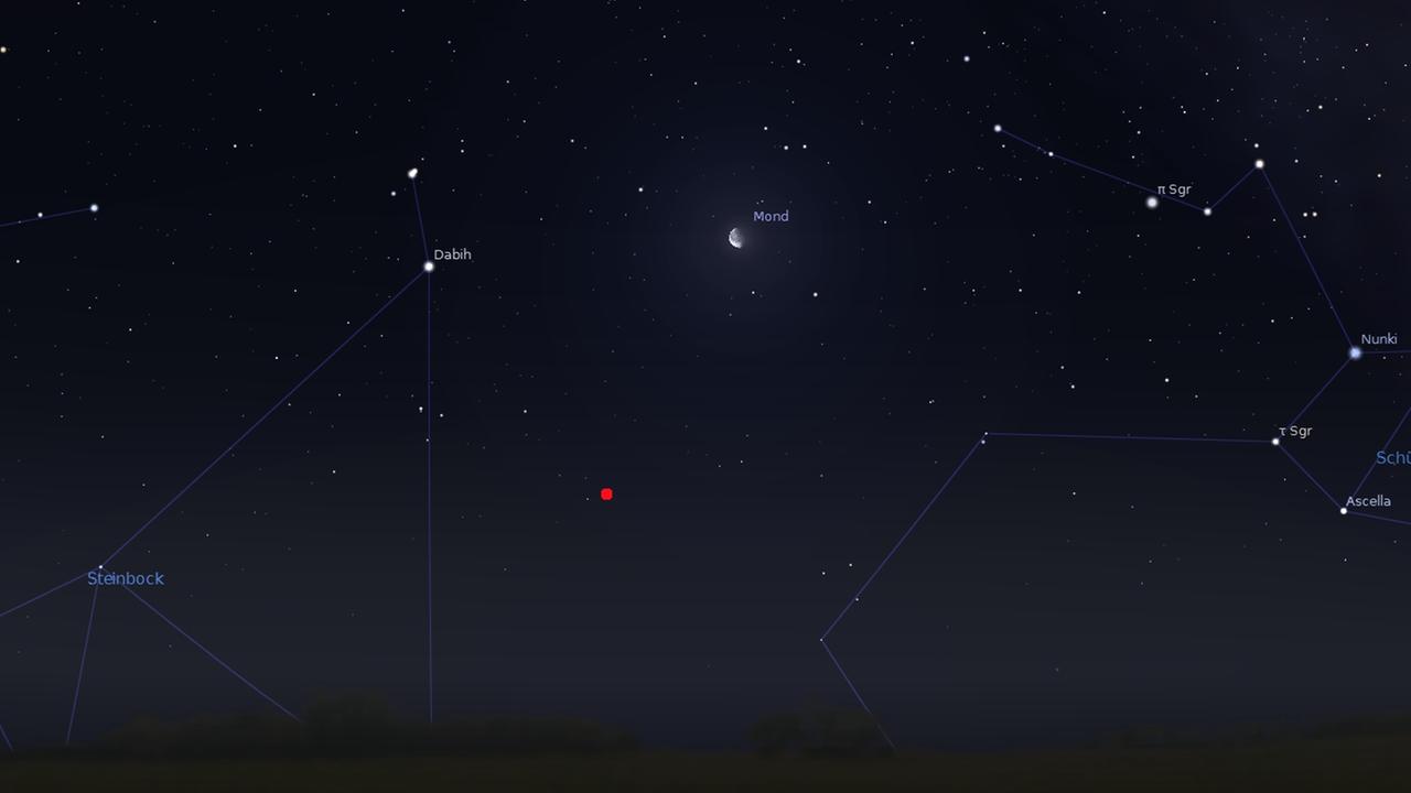 Der Asteroid Davidbowie (roter Punkt) steht am frühen Morgen links unterhalb des Mondes