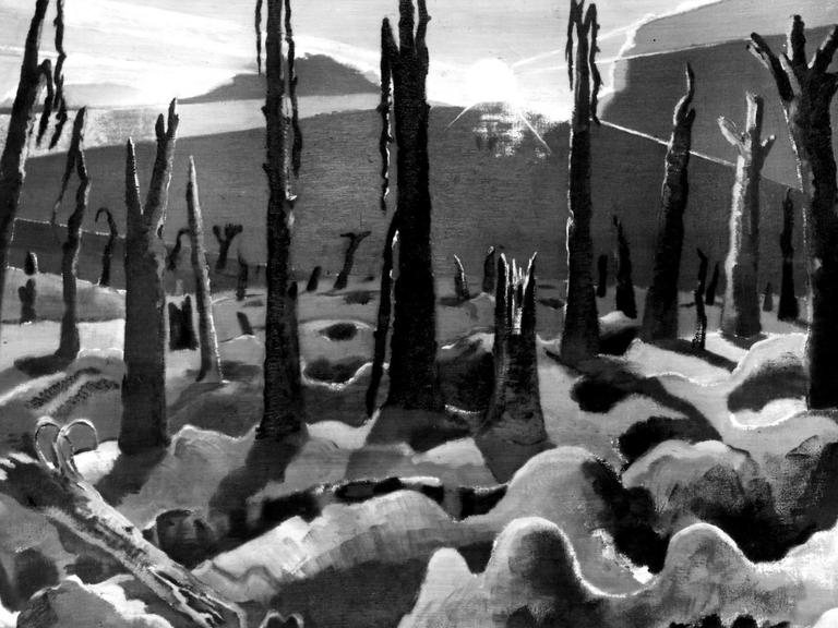  Auf dem in schwarz-weiß abfotografierten Gemälde "We are making a new world" ("Wir schaffen eine neue Welt") des britischen Surrealisten Paul Nash von 1918 zum Ersten Weltkrieg ist ein verwüstetes, menschenleeres Schlachtfeld in Belgien zu sehen. 